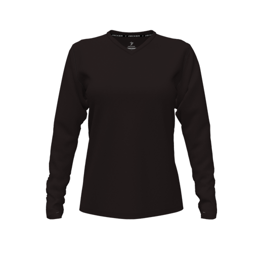 [CUS-DFW-TEES-CMF-VNK-LSL-BLK-FYXS-LOGO1] Decker Comfort T-Shirt (Female Youth XS, Black, V Neck, Logo 1, Long Sleeve)