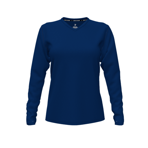 [CUS-DFW-TEES-CMF-VNK-LSL-NVY-FYXS-LOGO2] Decker Comfort T-Shirt (Female Youth XS, Navy, V Neck, Logo 2, Long Sleeve)