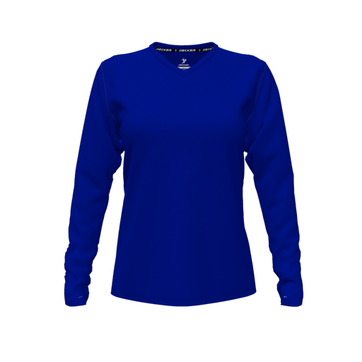 [CUS-DFW-TEES-CMF-VNK-LSL-RYL-FYXS-LOGO1] Decker Comfort T-Shirt (Female Youth XS, Royal, V Neck, Logo 1, Long Sleeve)